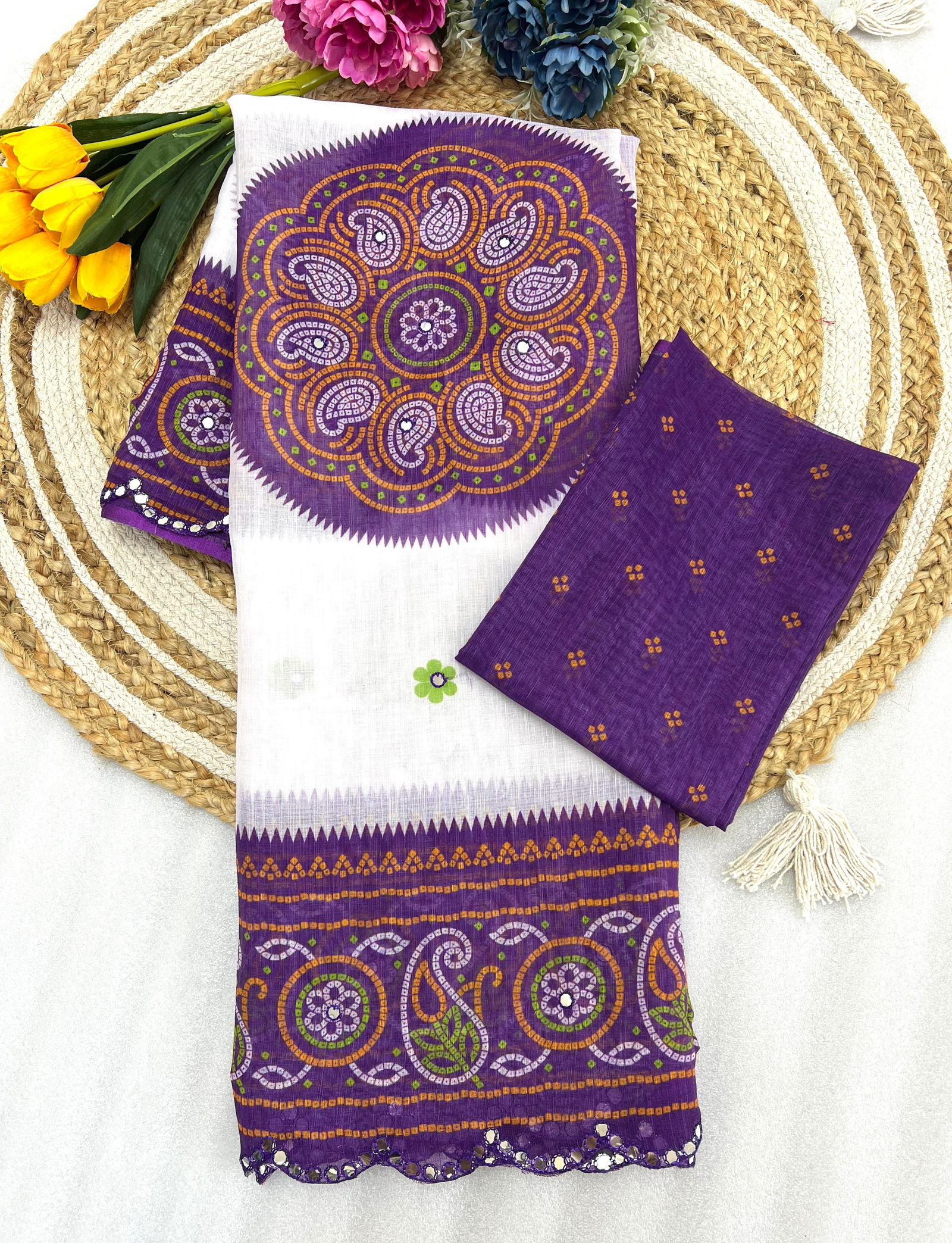 MG 407 Plain Linen Mirror Work With Digital Printed Sarees Wholesale Shop In Surat
